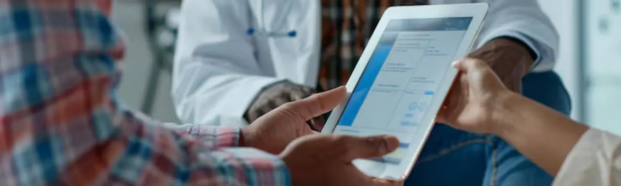 Person reviewing a treatment plan on a tablet with a healthcare professional, representing ongoing recovery support.