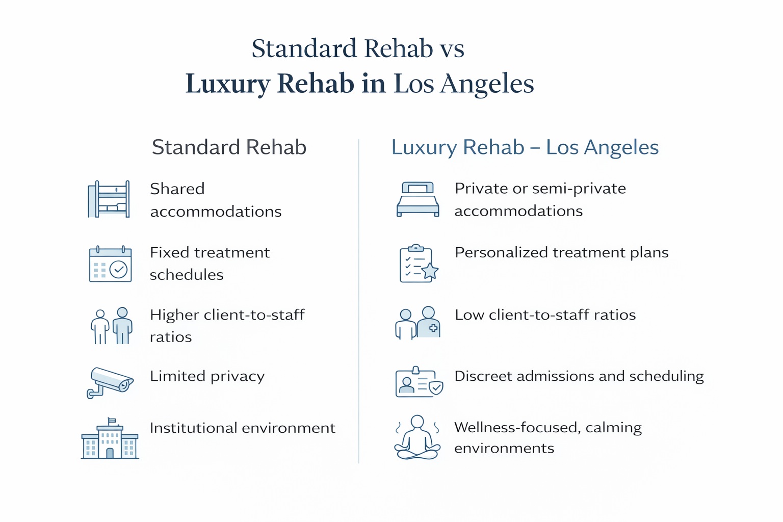 Infographic comparing standard rehab and luxury rehab in Los Angeles, highlighting differences in accommodations, treatment personalization, staff ratios, privacy, and environment.