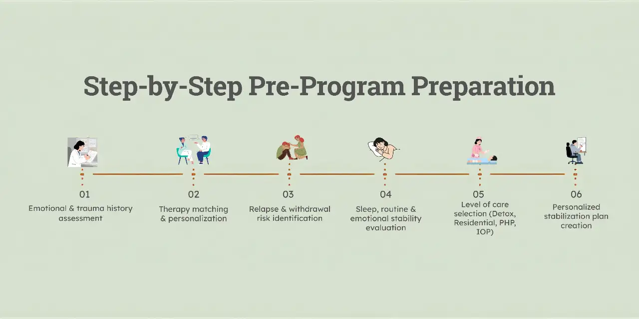 Step-by-step pre-program preparation process in trauma-informed addiction recovery including assessment, therapy matching, relapse risk evaluation, and stabilization planning