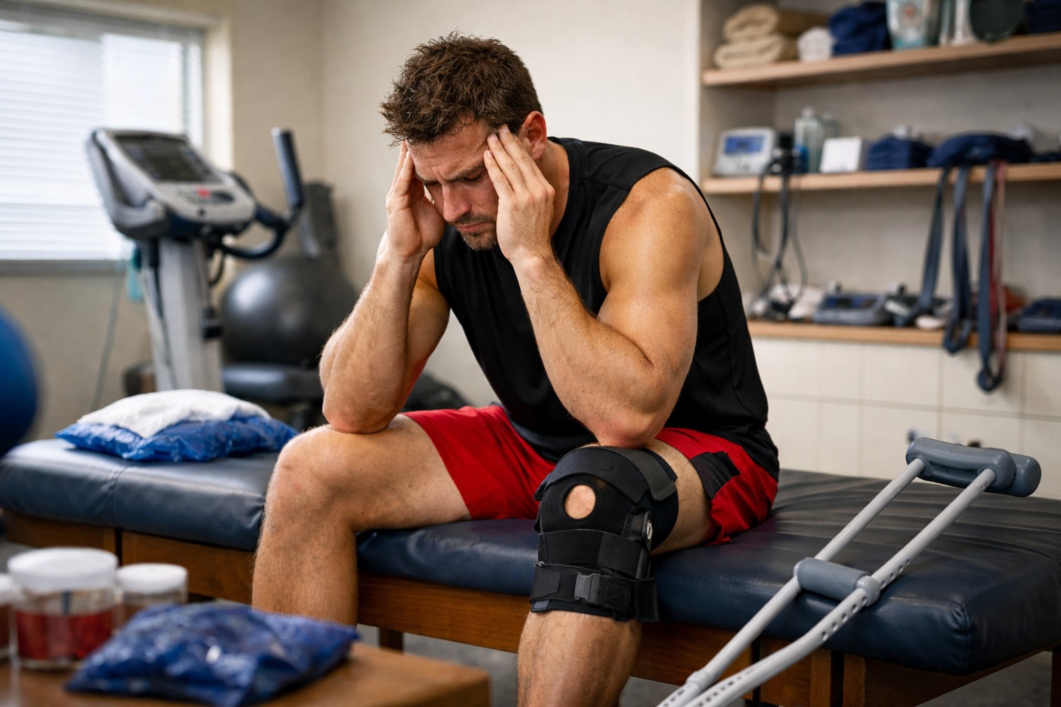 Professional athlete sitting in a clinical rehab setting looking frustrated and fatigued, surrounded by standard treatment equipment, highlighting the need for specialized recovery programs that protect performance during withdrawal.